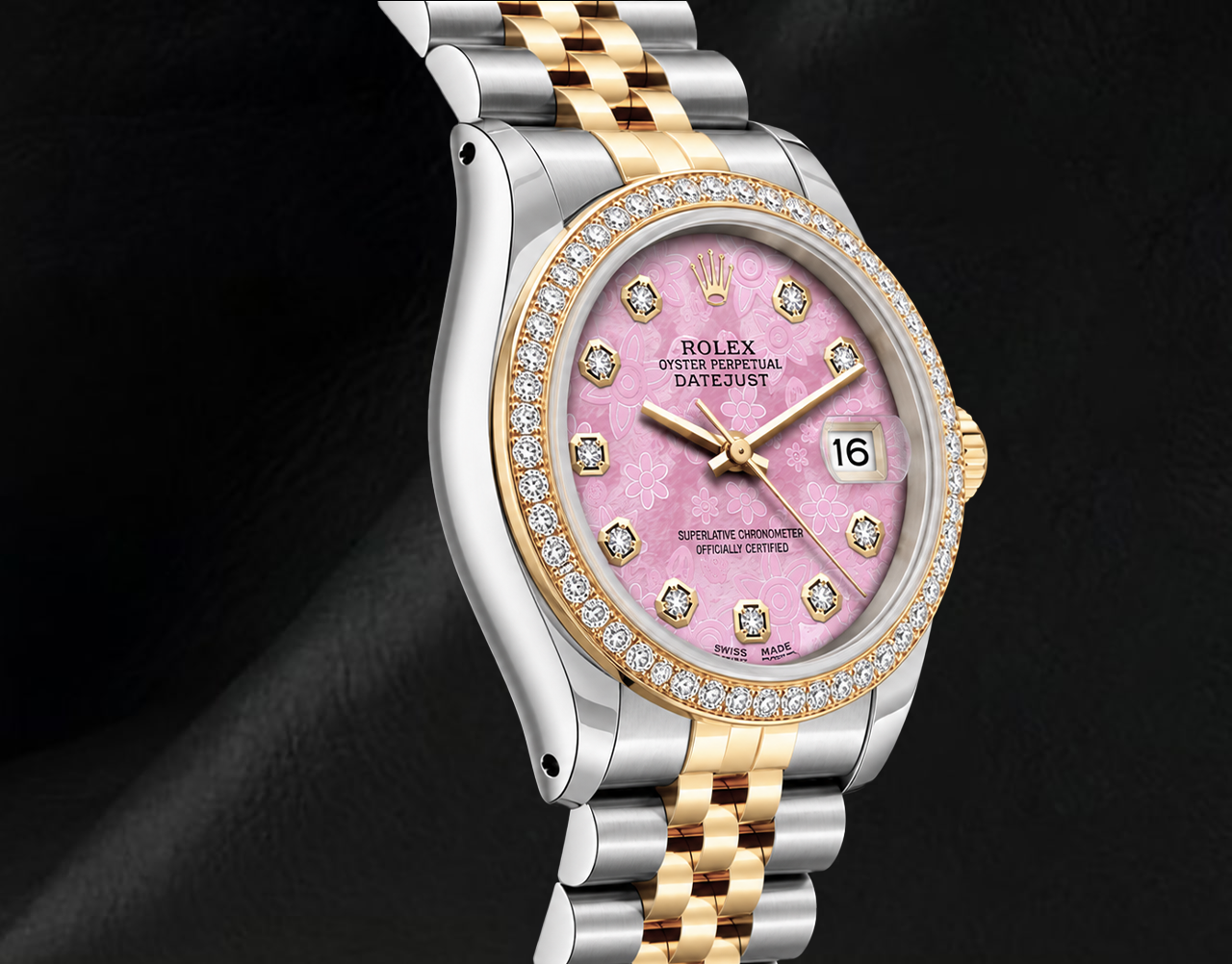Rolex 36 mm Datejust 16013 Bicolor Uhr mit rosa floralem Diamantzifferblatt