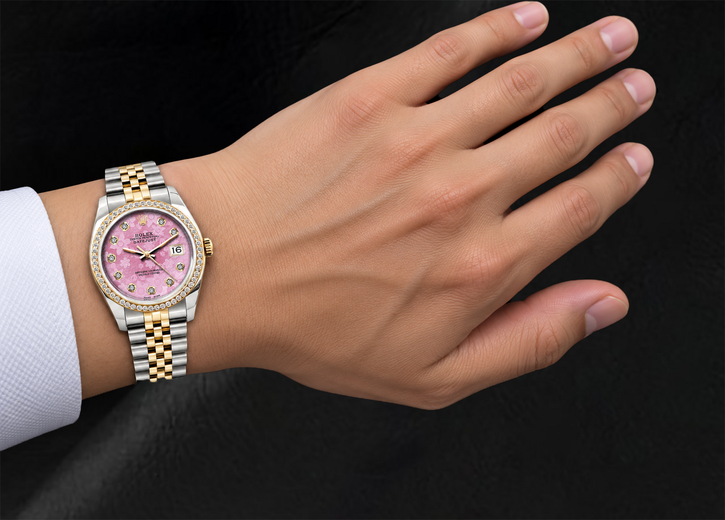 Rolex 36 mm Datejust 16013 Bicolor Uhr mit rosa floralem Diamantzifferblatt