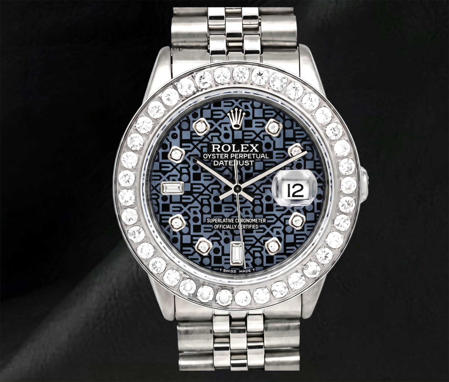 Rolex Datejust 36 mm 16014 Edelstahl-Uhr mit blau gemustertem Diamantzifferblatt