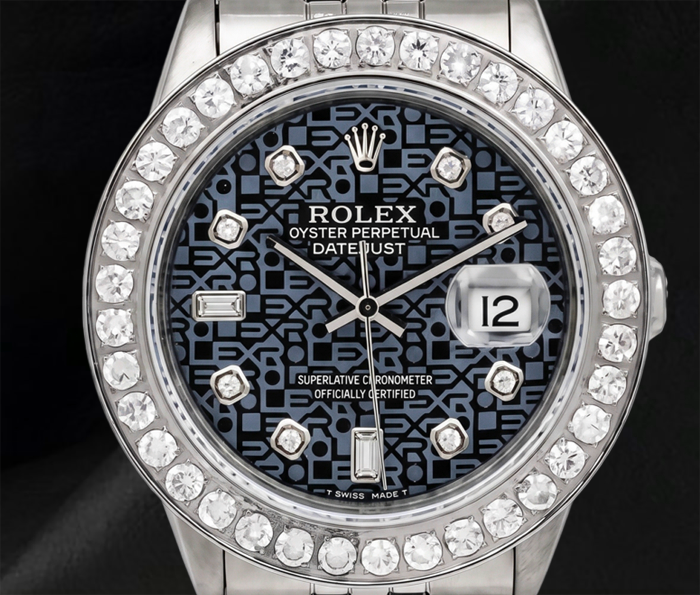 Rolex Datejust 36 mm 16014 Edelstahl-Uhr mit blau gemustertem Diamantzifferblatt