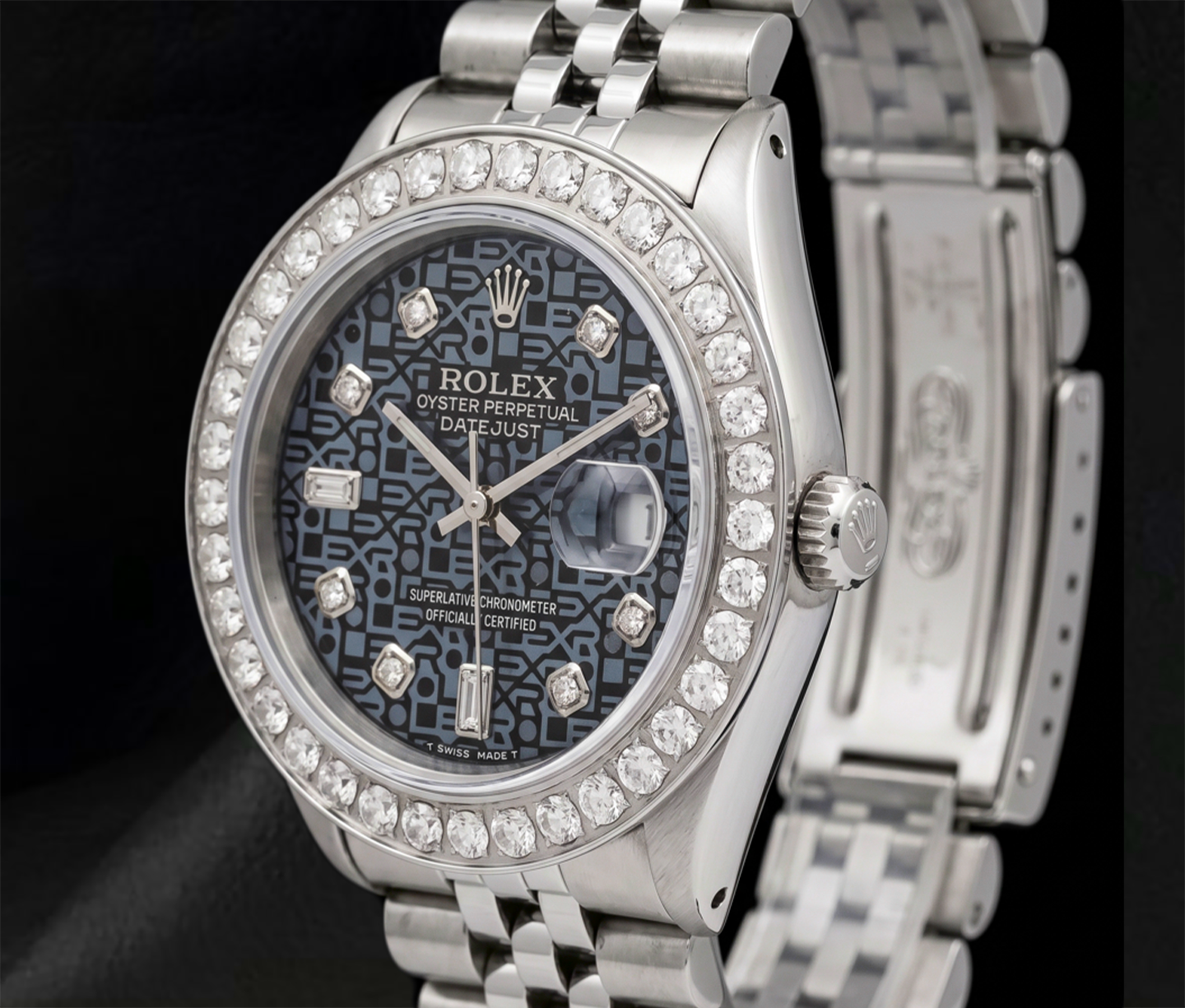Rolex Datejust 36 mm 16014 Edelstahl-Uhr mit blau gemustertem Diamantzifferblatt