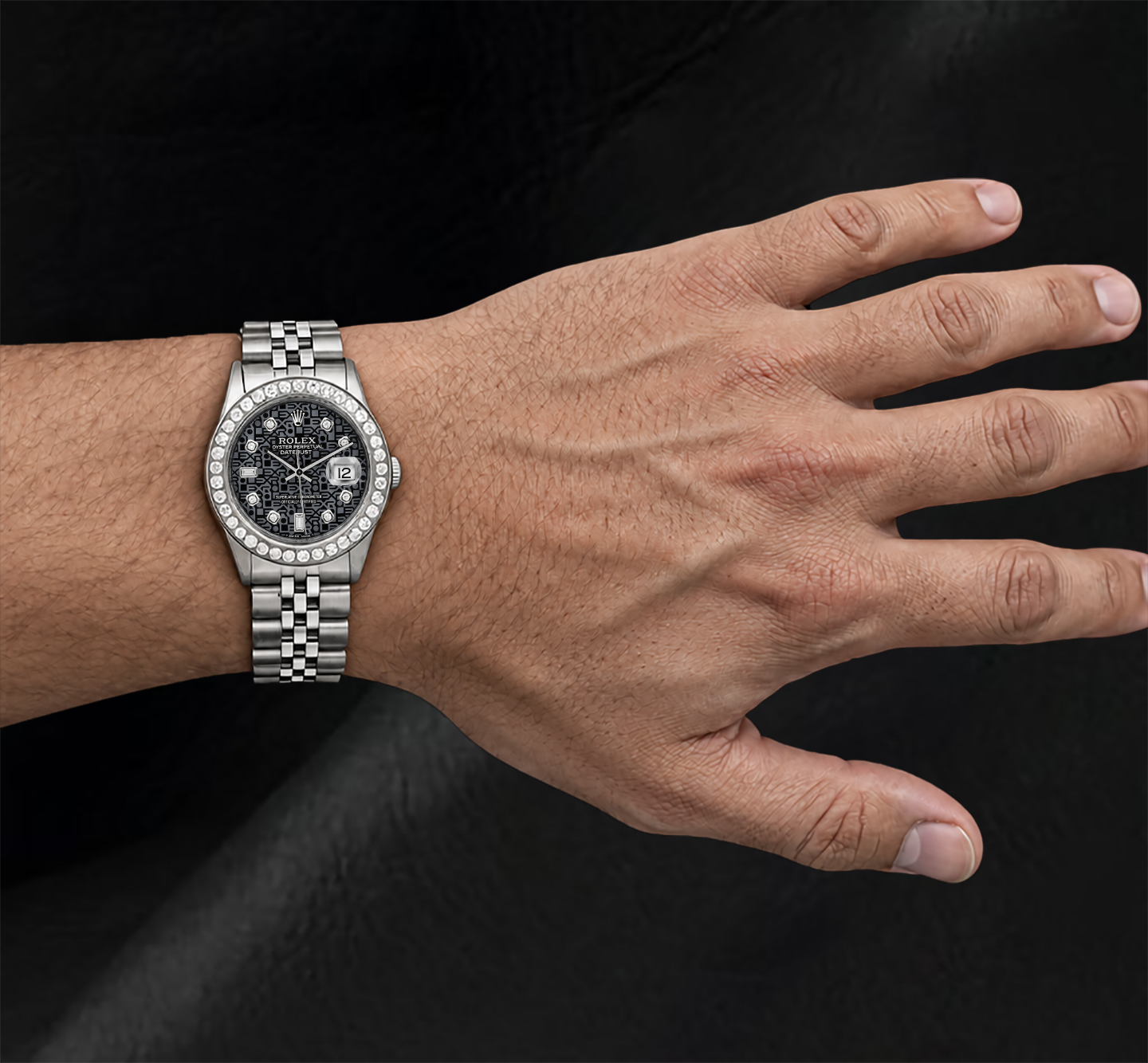 Rolex Datejust 36 mm 16014 Edelstahl-Uhr mit blau gemustertem Diamantzifferblatt