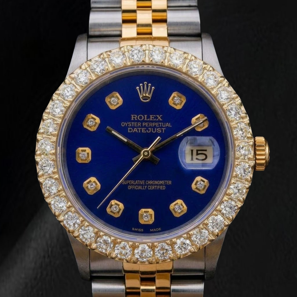 Rolex 36 mm Datejust 16233 Bicolor-Uhr mit blauem Diamantzifferblatt