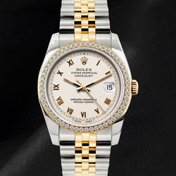 Rolex 36 mm Datejust 16233 Bicolor-Uhr mit elfenbeinfarbenem Zifferblatt und römischen Ziffern