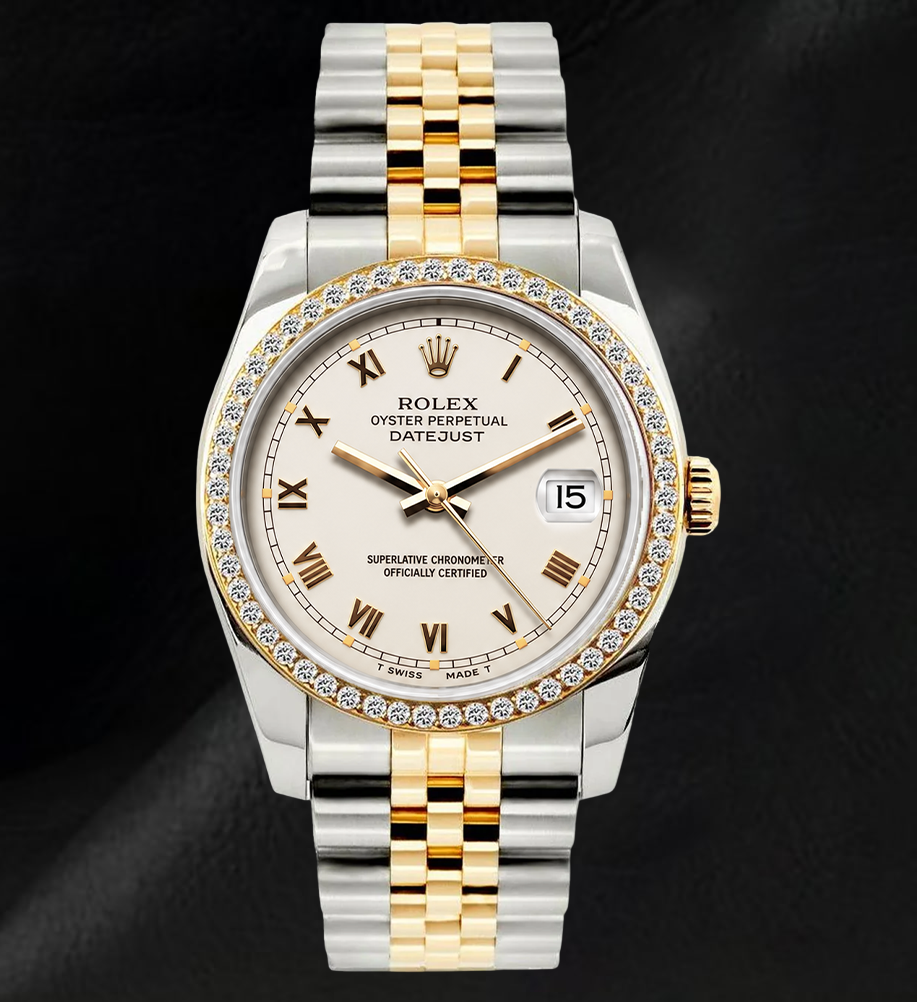 Rolex 36 mm Datejust 16233 Bicolor-Uhr mit elfenbeinfarbenem Zifferblatt und römischen Ziffern