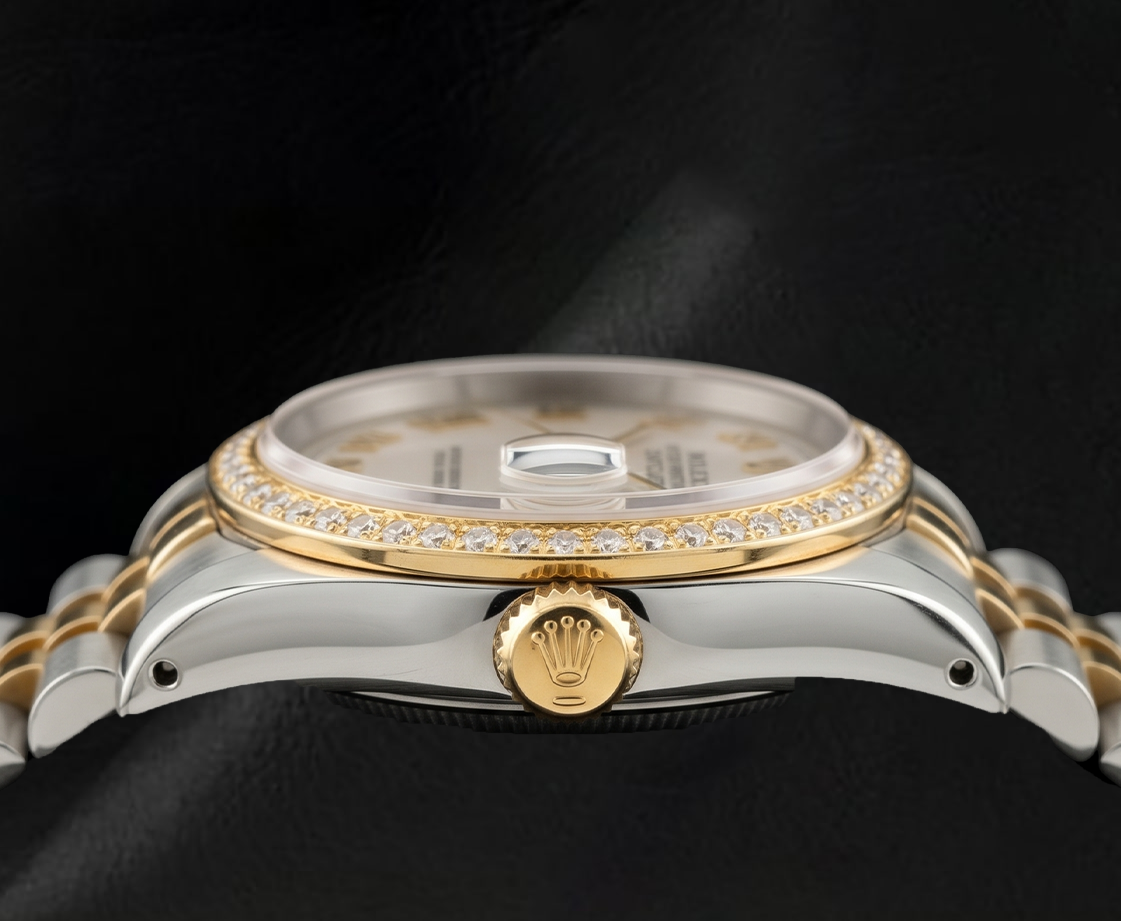 Rolex 36 mm Datejust 16233 Bicolor-Uhr mit elfenbeinfarbenem Zifferblatt und römischen Ziffern