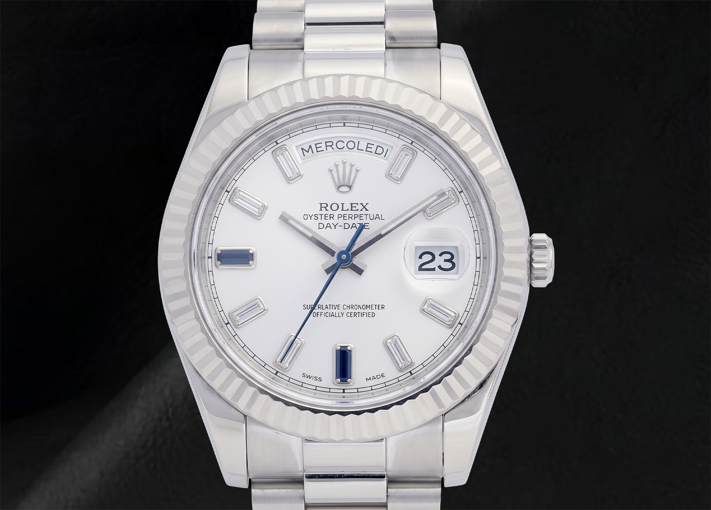 Rolex 41 mm Day-Date II 218239 Weißes Baguette-Diamantzifferblatt Weißgold President-Armband 18 Karat