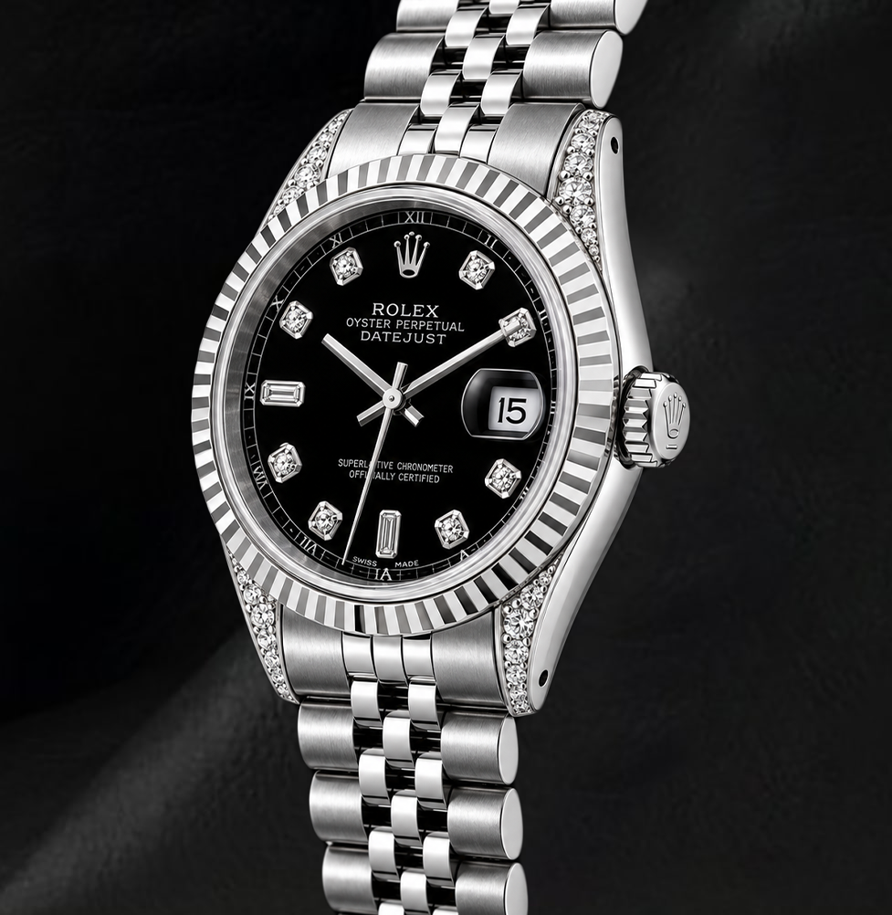 Rolex 6916 Uhr aus Edelstahl, 26 mm, schwarzes Diamantzifferblatt, geriffelte Lünette