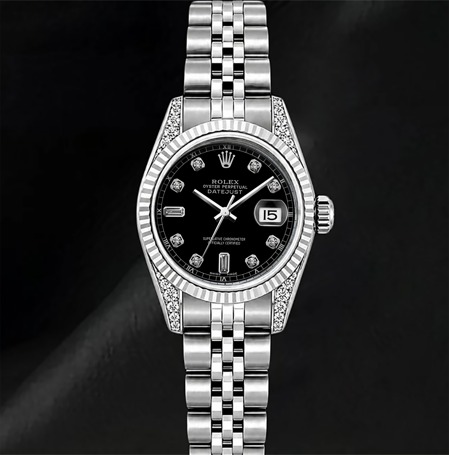 Rolex 6916 Uhr aus Edelstahl, 26 mm, schwarzes Diamantzifferblatt, geriffelte Lünette
