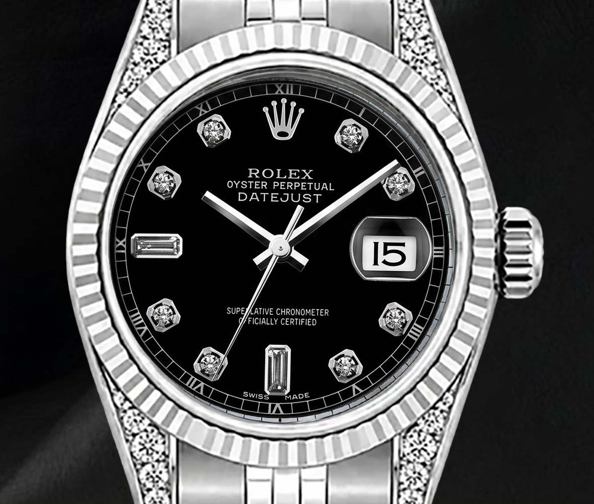 Rolex 6916 Uhr aus Edelstahl, 26 mm, schwarzes Diamantzifferblatt, geriffelte Lünette