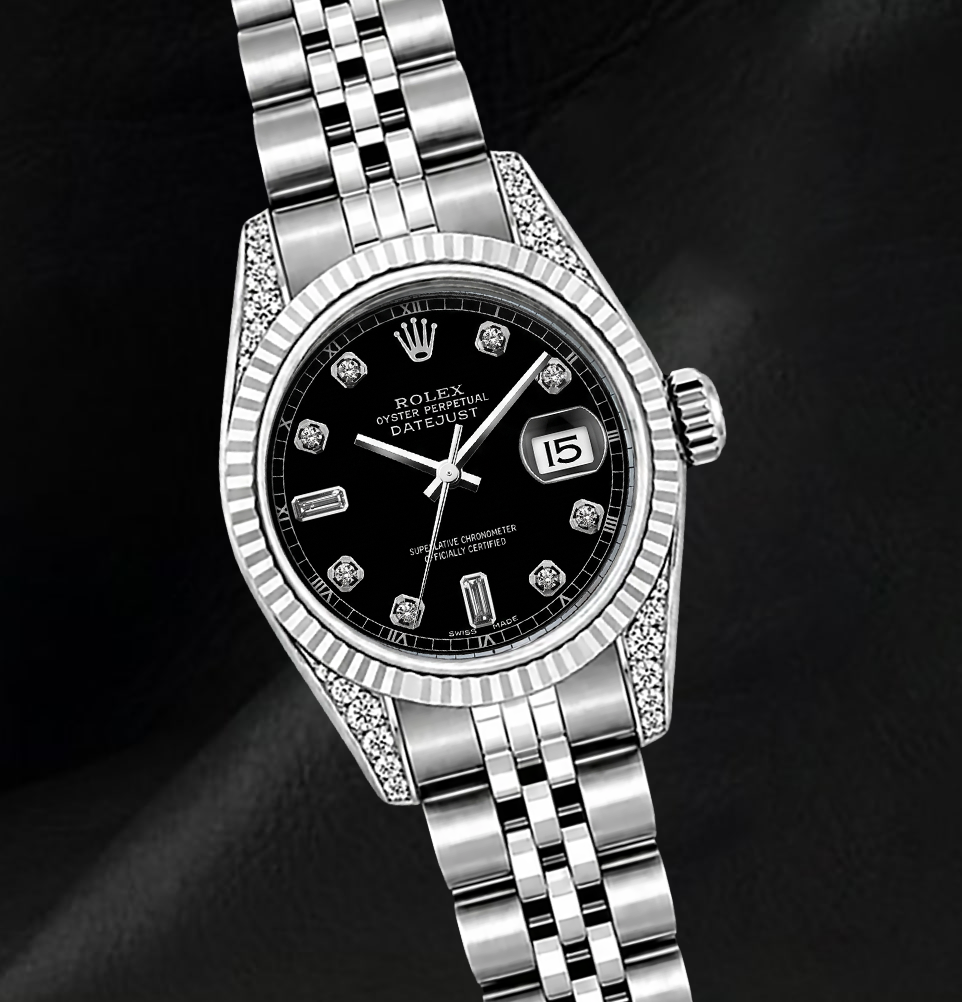 Rolex 6916 Uhr aus Edelstahl, 26 mm, schwarzes Diamantzifferblatt, geriffelte Lünette
