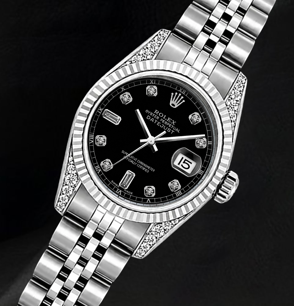 Rolex 6916 Uhr aus Edelstahl, 26 mm, schwarzes Diamantzifferblatt, geriffelte Lünette