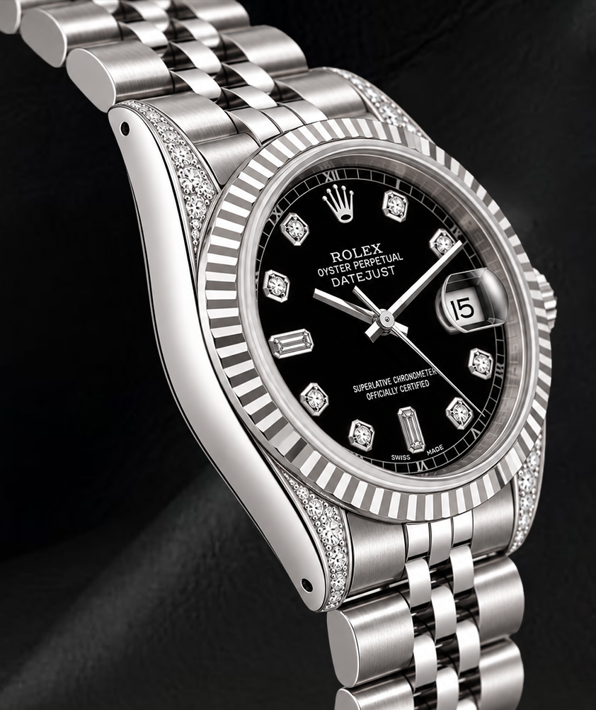 Rolex 6916 Uhr aus Edelstahl, 26 mm, schwarzes Diamantzifferblatt, geriffelte Lünette