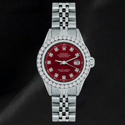 Rolex 6916 Datejust 26 mm Uhr aus Edelstahl mit rotem Diamantzifferblatt und Diamantlünette