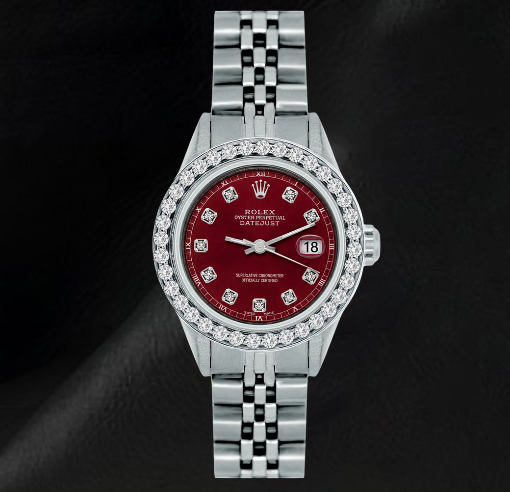 Rolex 6916 Datejust 26 mm Uhr aus Edelstahl mit rotem Diamantzifferblatt und Diamantlünette