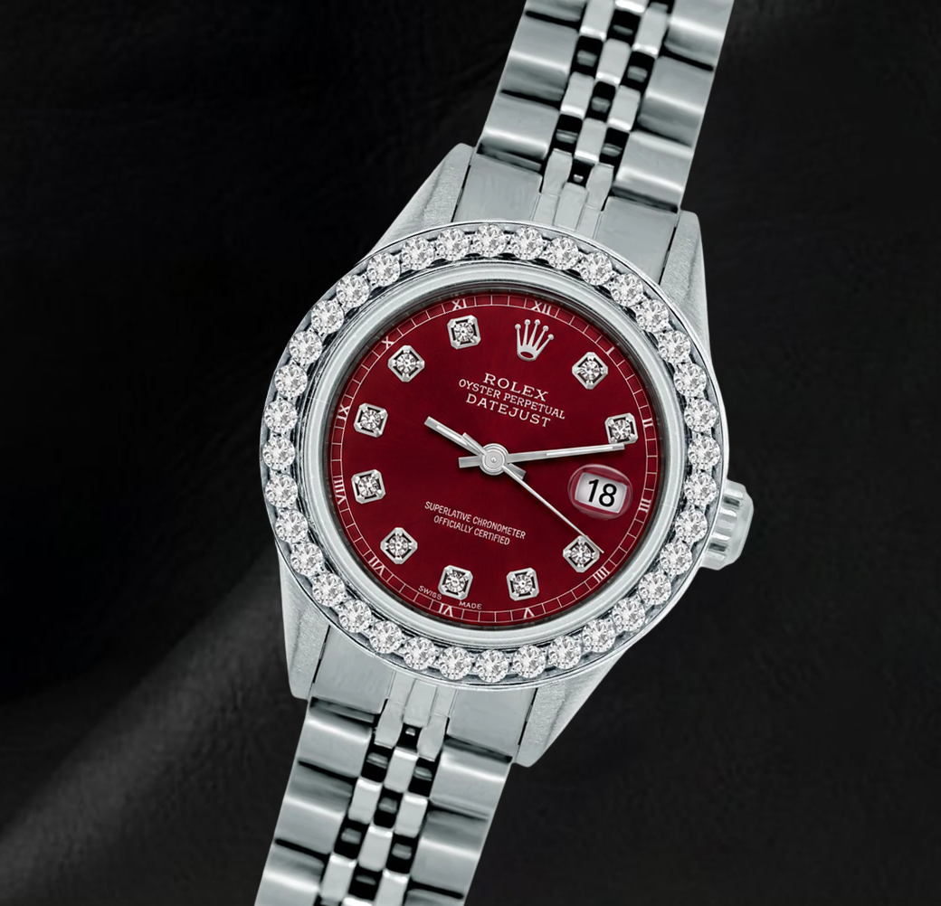 Rolex 6916 Datejust 26 mm Uhr aus Edelstahl mit rotem Diamantzifferblatt und Diamantlünette