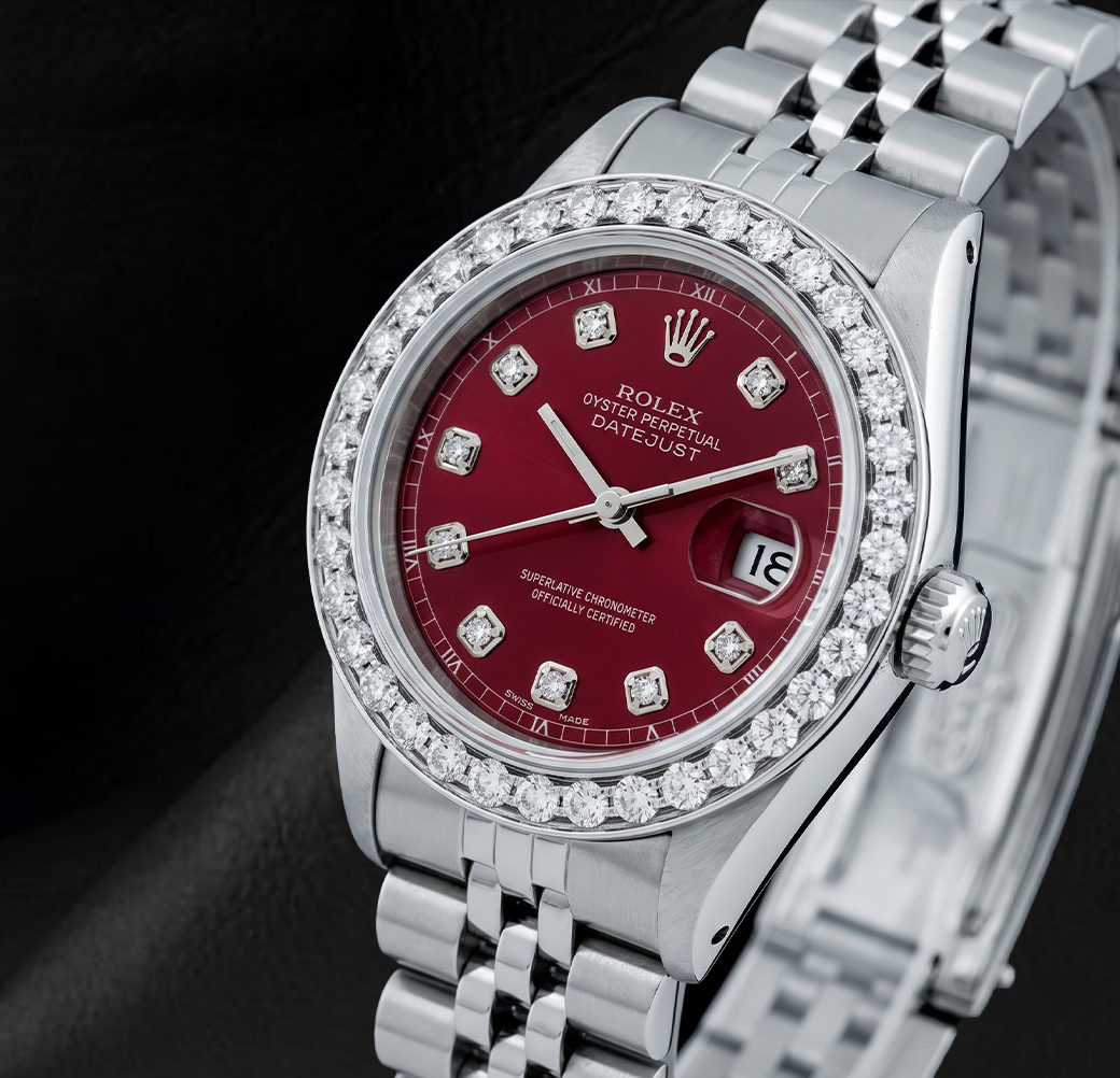 Rolex 6916 Datejust 26 mm Uhr aus Edelstahl mit rotem Diamantzifferblatt und Diamantlünette