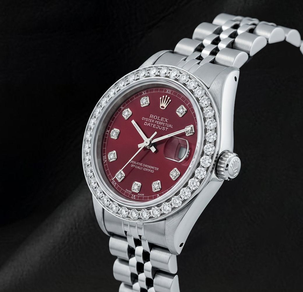 Rolex 6916 Datejust 26 mm Uhr aus Edelstahl mit rotem Diamantzifferblatt und Diamantlünette