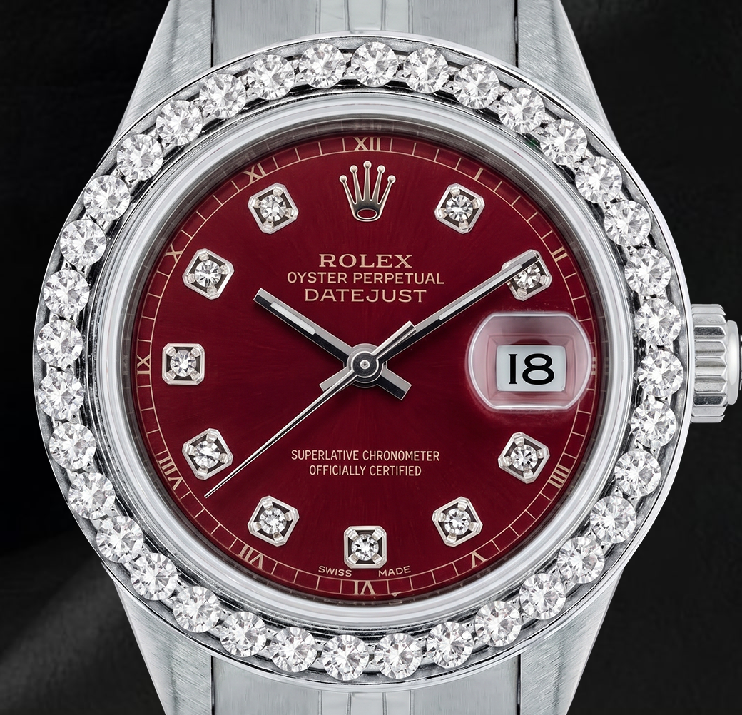 Rolex 6916 Datejust 26 mm Uhr aus Edelstahl mit rotem Diamantzifferblatt und Diamantlünette