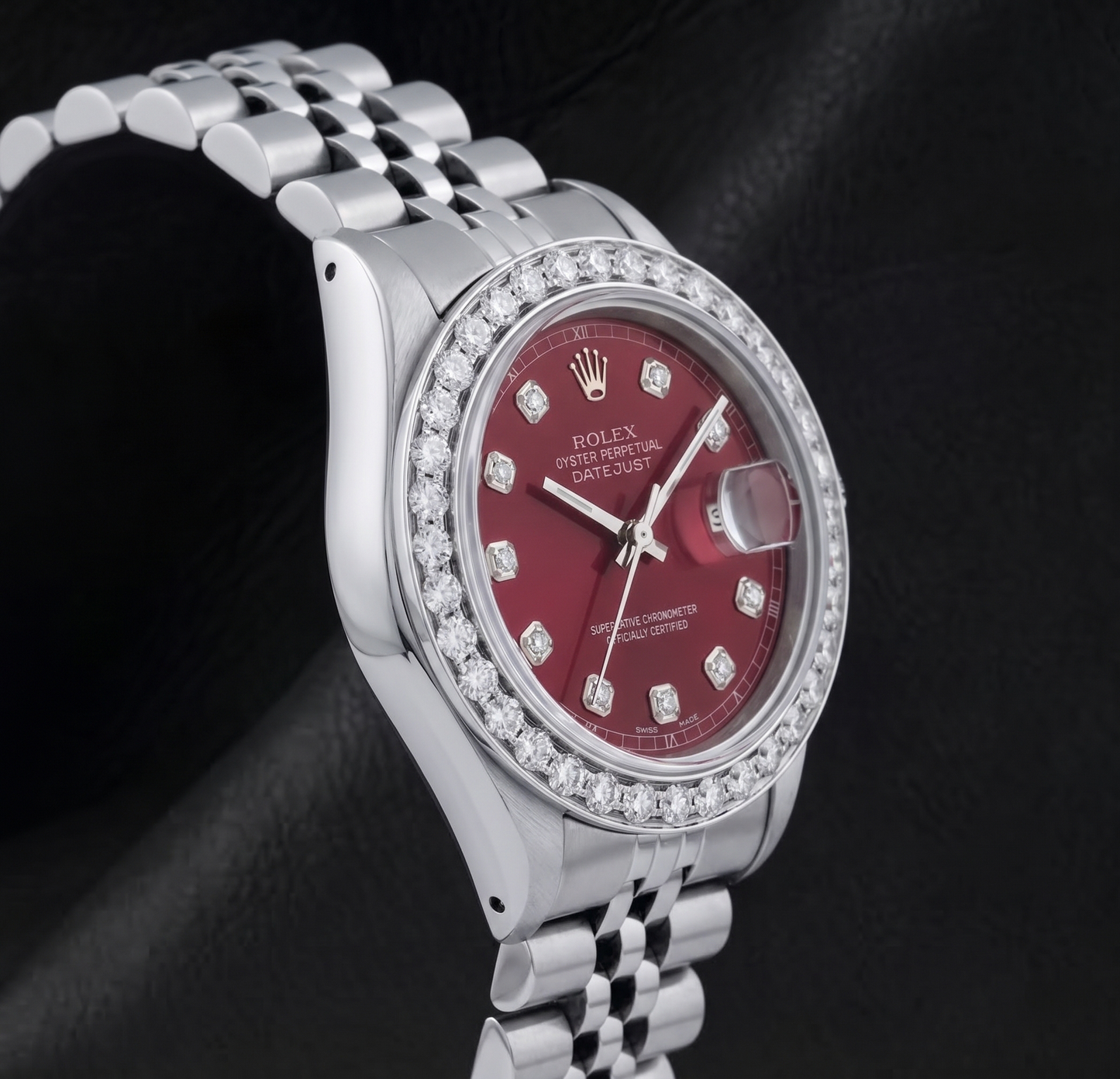 Rolex 6916 Datejust 26 mm Uhr aus Edelstahl mit rotem Diamantzifferblatt und Diamantlünette