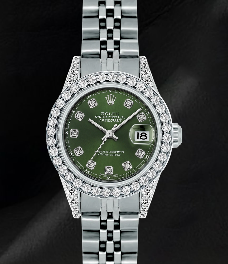 Rolex 6916 Datejust 26 mm Edelstahluhr mit grünem Diamantzifferblatt und Diamantlünette