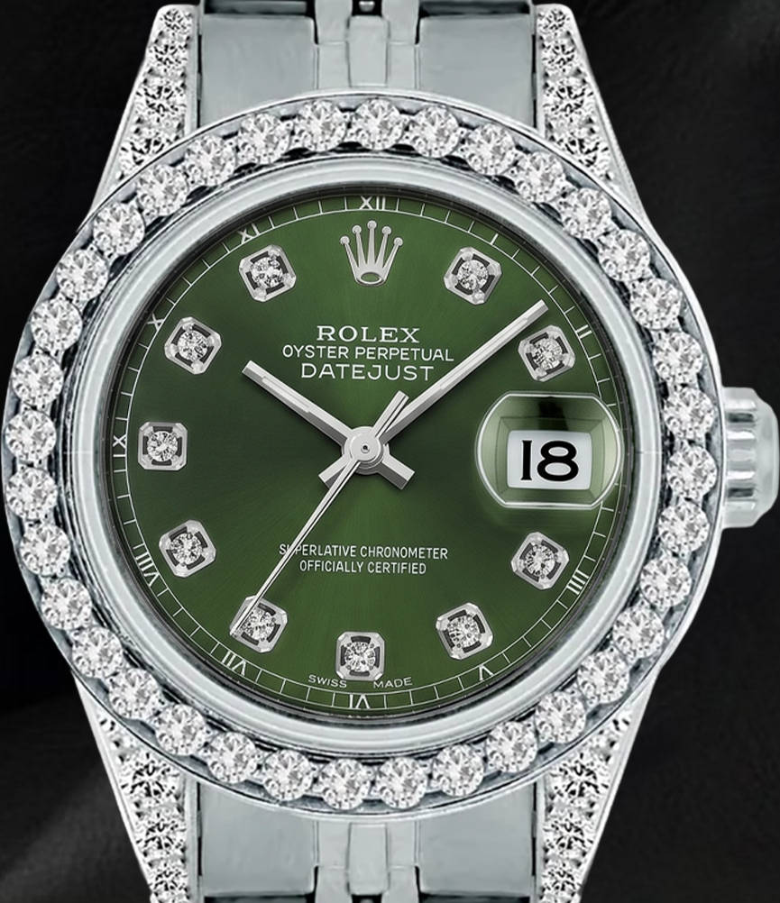 Rolex 6916 Datejust 26 mm Edelstahluhr mit grünem Diamantzifferblatt und Diamantlünette