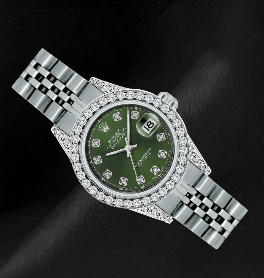 Rolex 6916 Datejust 26 mm Edelstahluhr mit grünem Diamantzifferblatt und Diamantlünette