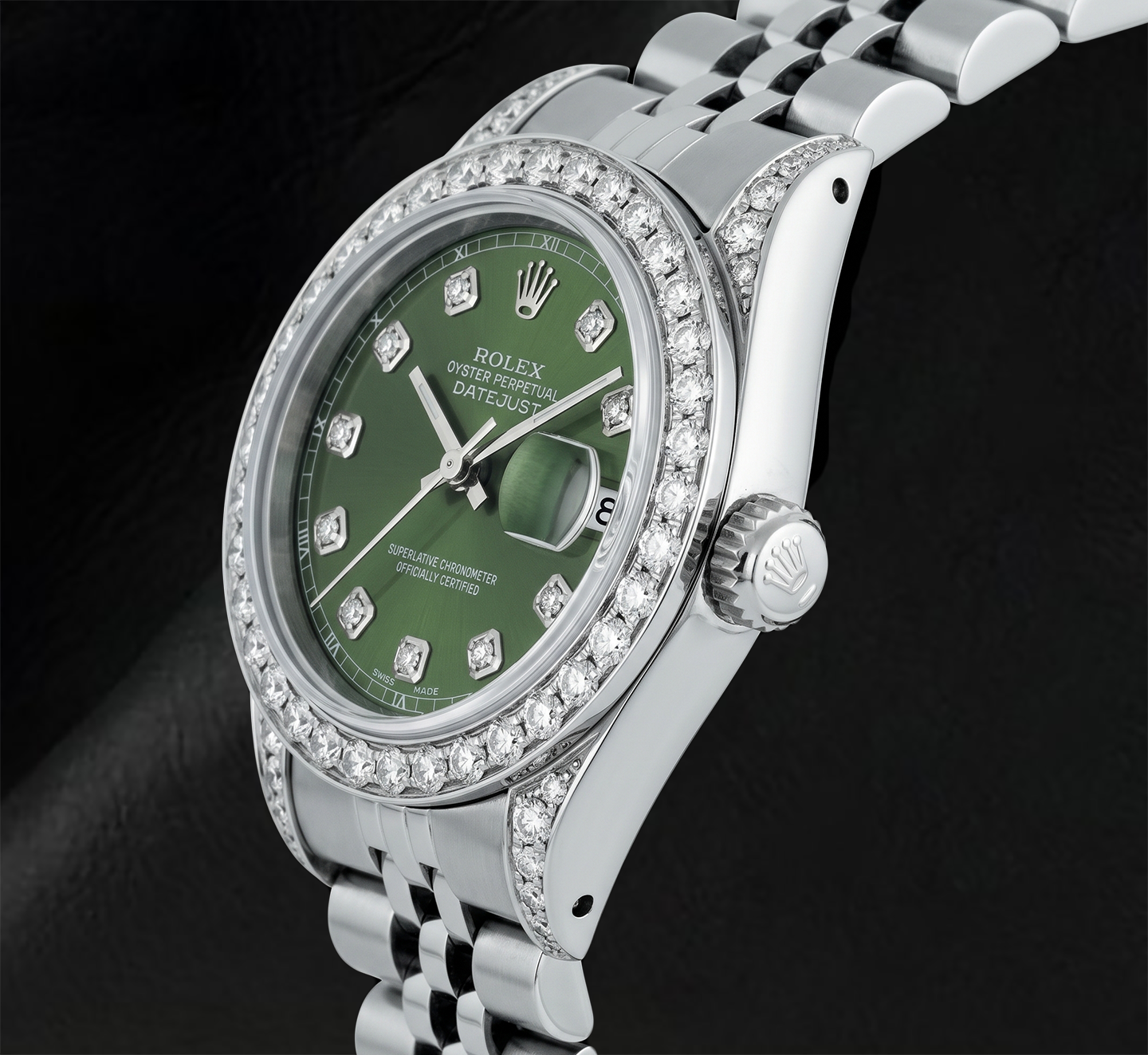 Rolex 6916 Datejust 26 mm Edelstahluhr mit grünem Diamantzifferblatt und Diamantlünette