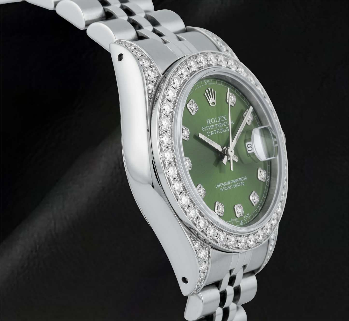 Rolex 6916 Datejust 26 mm Edelstahluhr mit grünem Diamantzifferblatt und Diamantlünette