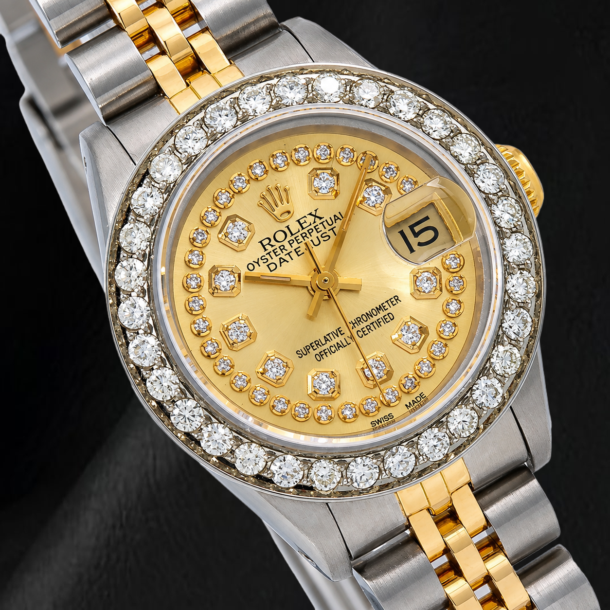 Rolex 69173 Datejust 26 mm Bicolor-Uhr mit champagnerfarbenem Diamantzifferblatt mit Diamantkranz