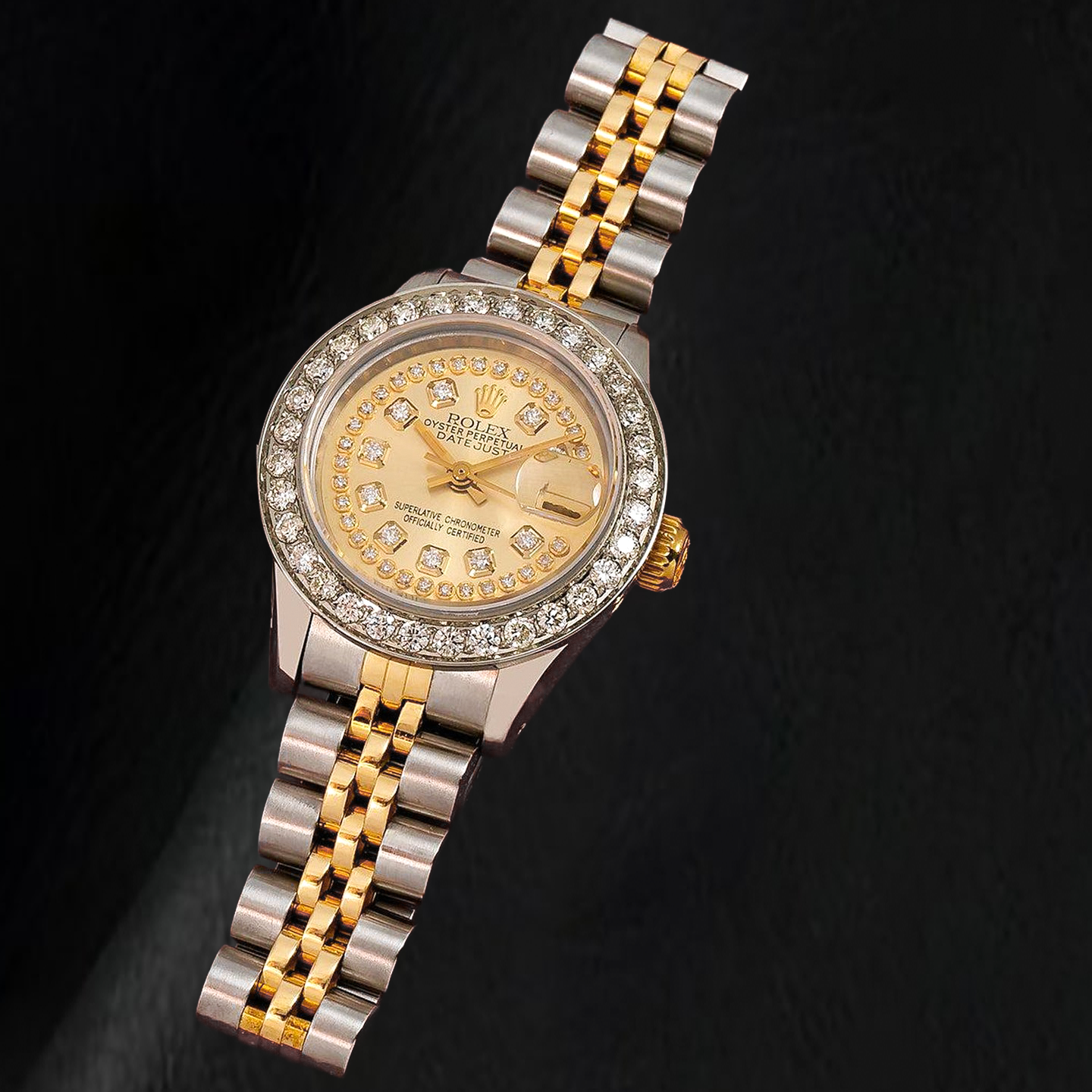 Rolex 69173 Datejust 26 mm Bicolor-Uhr mit champagnerfarbenem Diamantzifferblatt mit Diamantkranz