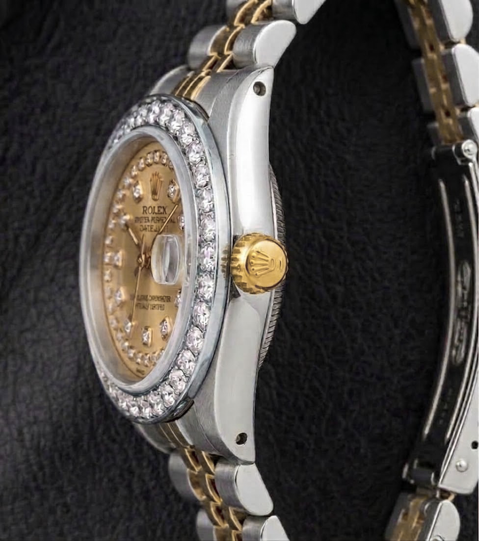 Rolex 69173 Datejust 26 mm Bicolor-Uhr mit champagnerfarbenem Diamantzifferblatt mit Diamantkranz