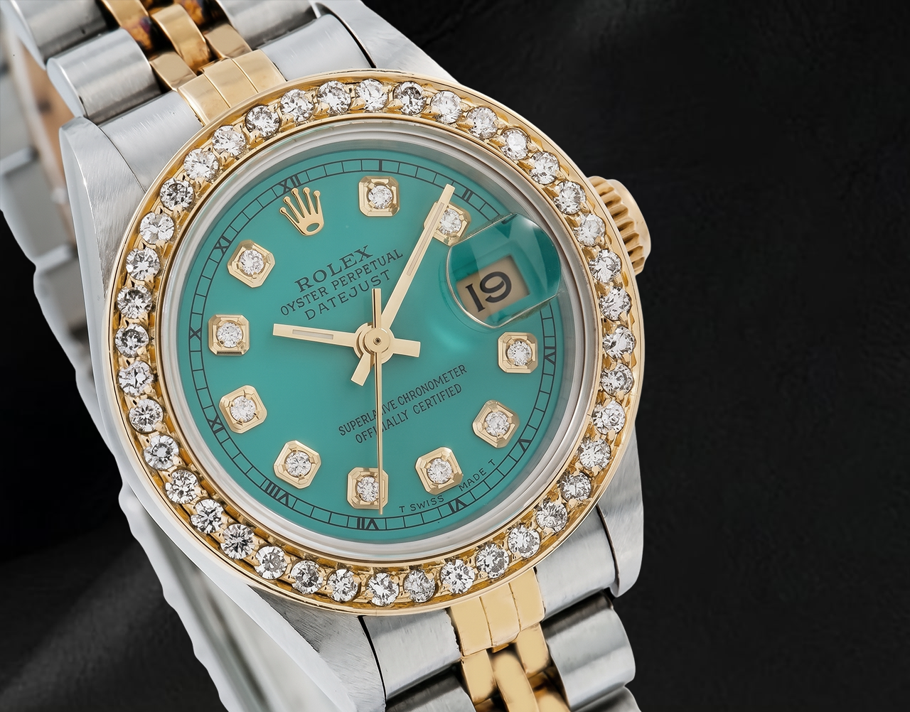 Rolex 69173 Datejust 26 mm Türkises Diamantzifferblatt Gelbgold und Edelstahl Uhr