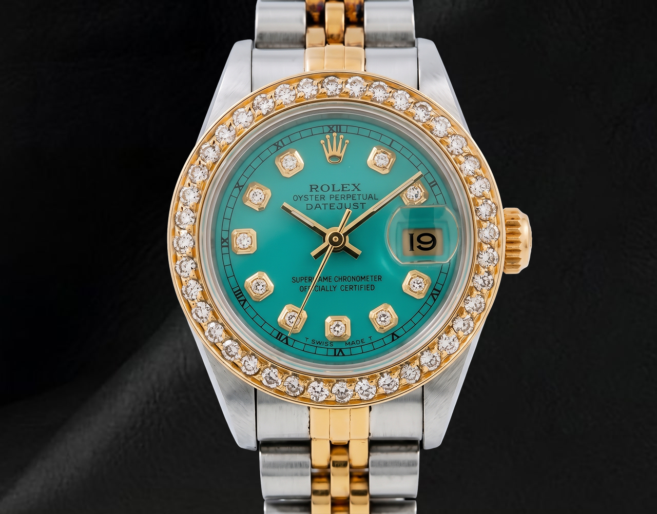 Rolex 69173 Datejust 26 mm Türkises Diamantzifferblatt Gelbgold und Edelstahl Uhr
