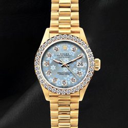 Rolex 69178 Datejust 26 mm Eisblaues Florales Diamantzifferblatt President-Armband Uhr 18 Karat