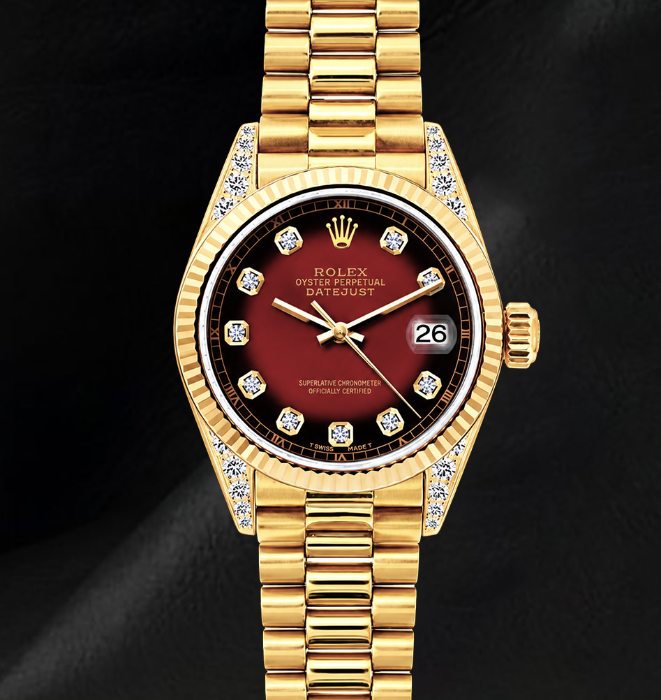 Rolex 69178 Datejust 26 mm Rotes Diamantzifferblatt Gelbgold President-Armband 18 Karat Uhr