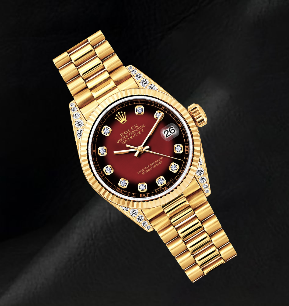 Rolex 69178 Datejust 26 mm Rotes Diamantzifferblatt Gelbgold President-Armband 18 Karat Uhr