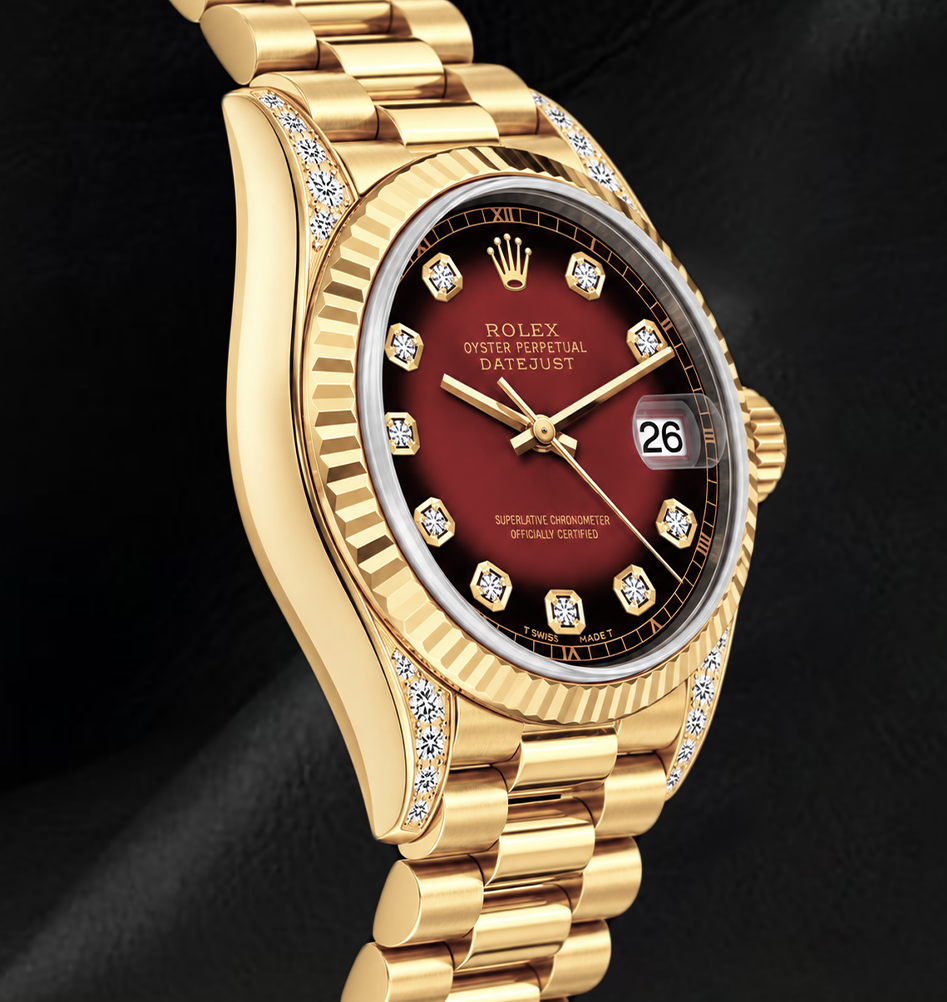 Rolex 69178 Datejust 26 mm Rotes Diamantzifferblatt Gelbgold President-Armband 18 Karat Uhr