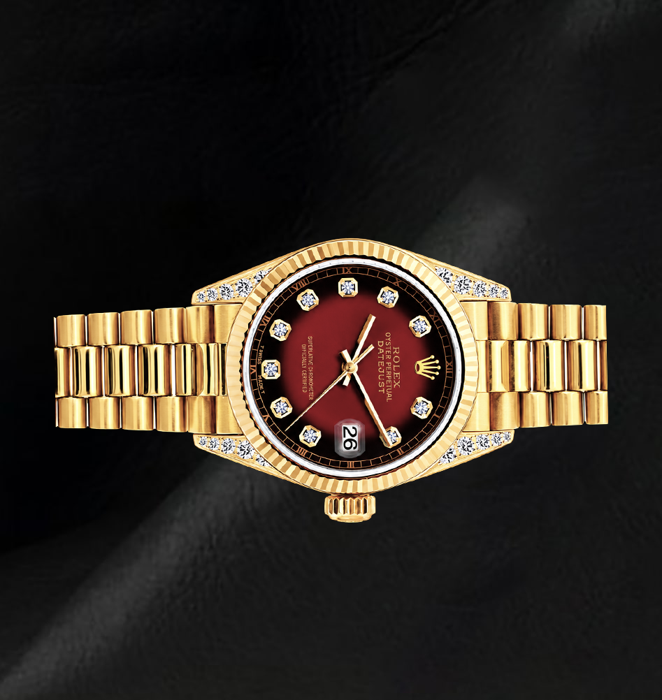 Rolex 69178 Datejust 26 mm Rotes Diamantzifferblatt Gelbgold President-Armband 18 Karat Uhr