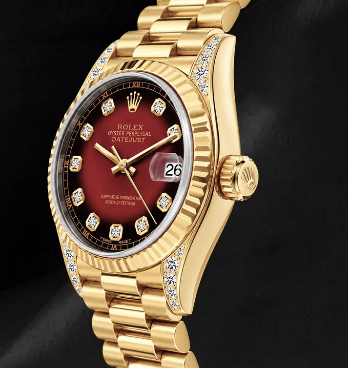 Rolex 69178 Datejust 26 mm Rotes Diamantzifferblatt Gelbgold President-Armband 18 Karat Uhr