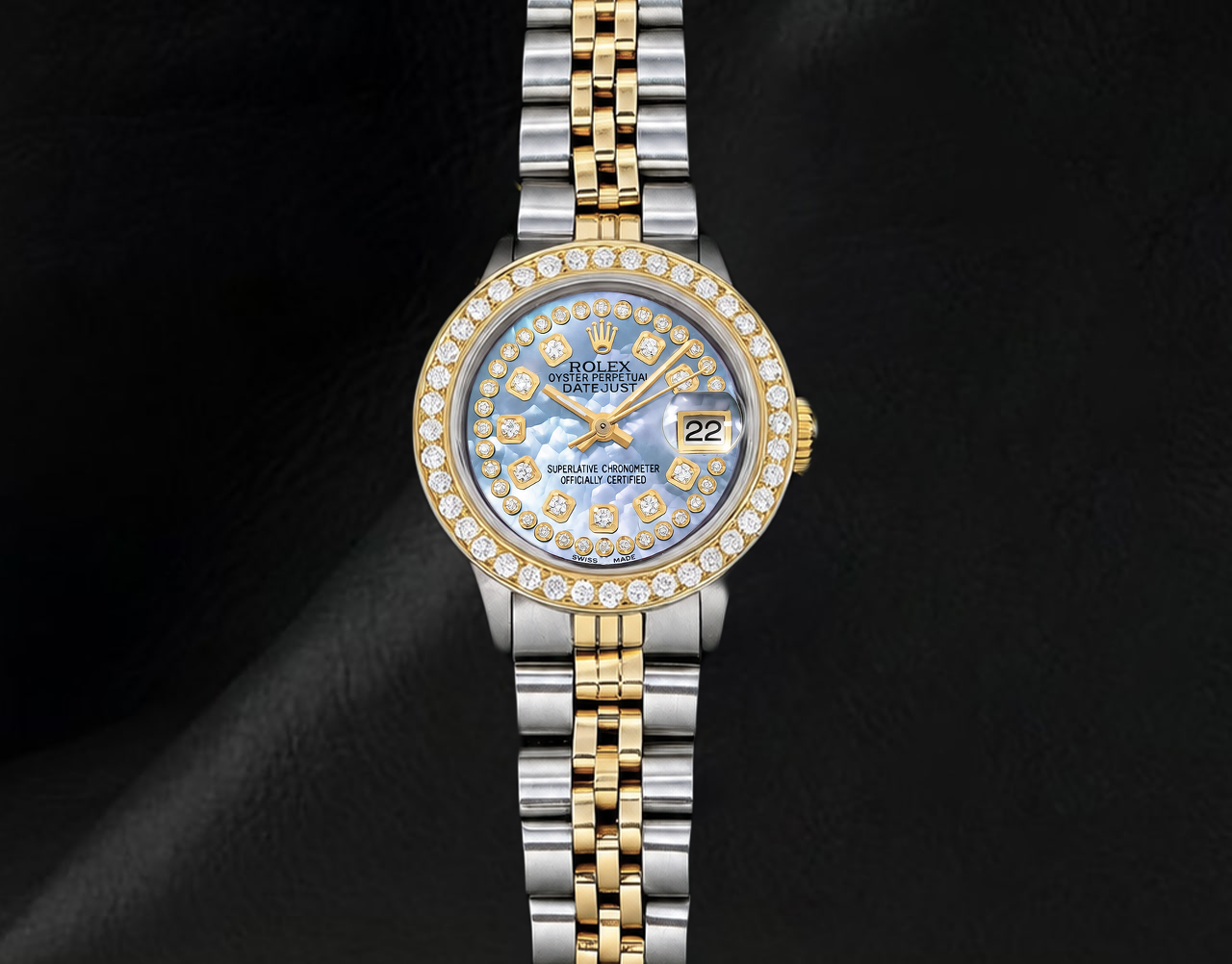 Rolex 6917 26 mm Datejust Bicolor-Uhr mit blauem Perlmutt-Diamantzifferblatt und Diamantkranz