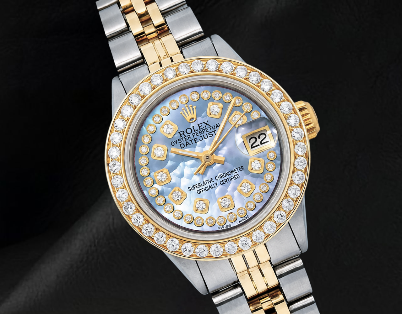 Rolex 6917 26 mm Datejust Bicolor-Uhr mit blauem Perlmutt-Diamantzifferblatt und Diamantkranz