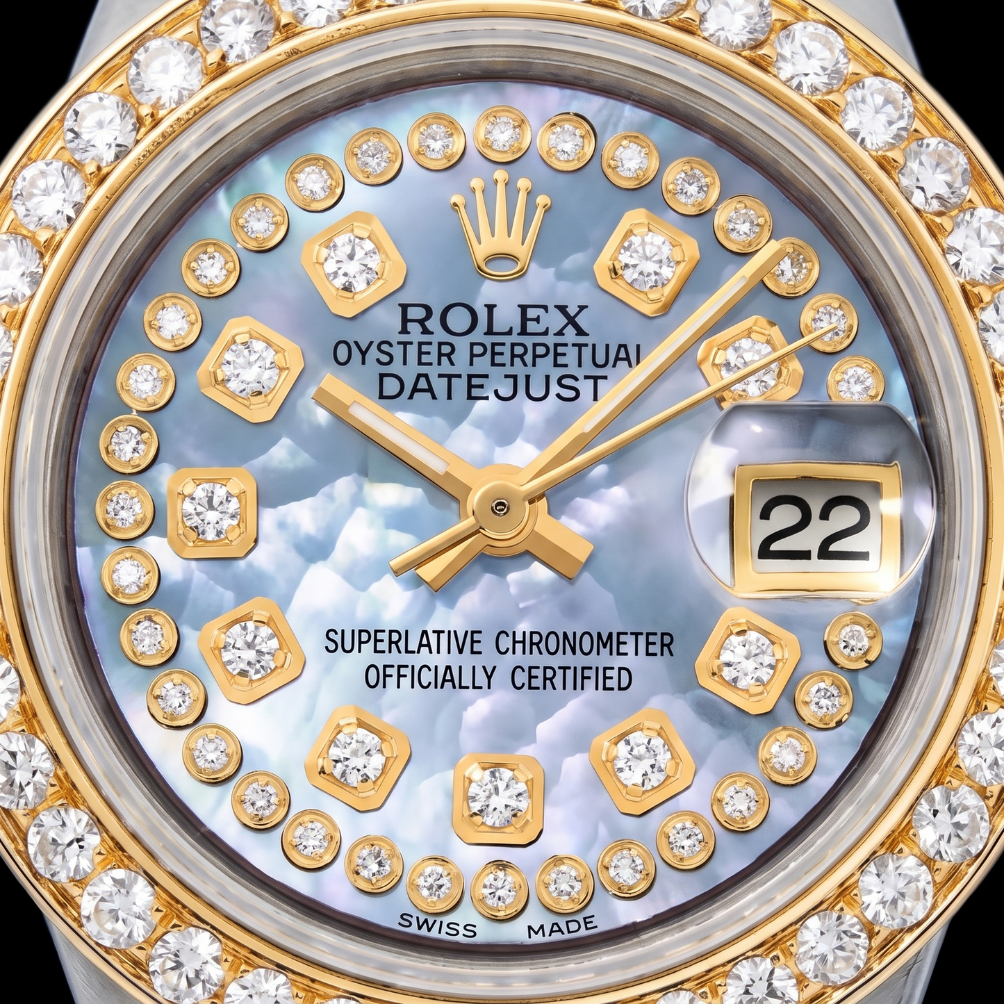 Rolex 6917 26 mm Datejust Bicolor-Uhr mit blauem Perlmutt-Diamantzifferblatt und Diamantkranz