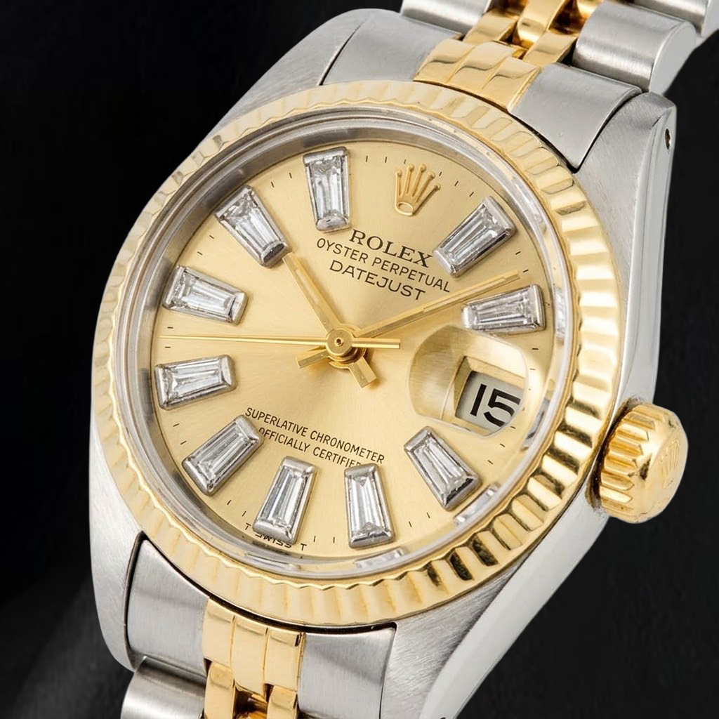 Rolex 6917 Datejust 26 mm Bicolor-Uhr mit champagnerfarbenem Baguette-Diamantzifferblatt