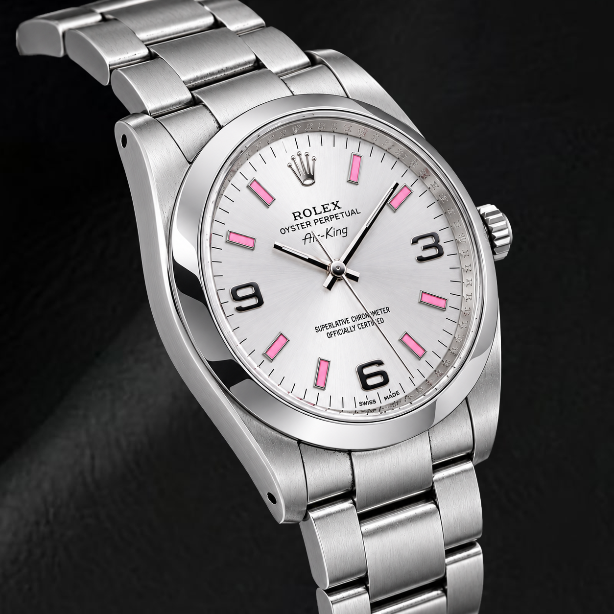 Rolex Air-King 114200 34 mm Edelstahl-Armbanduhr mit silberfarbenem Zifferblatt mit arabischen Ziffern
