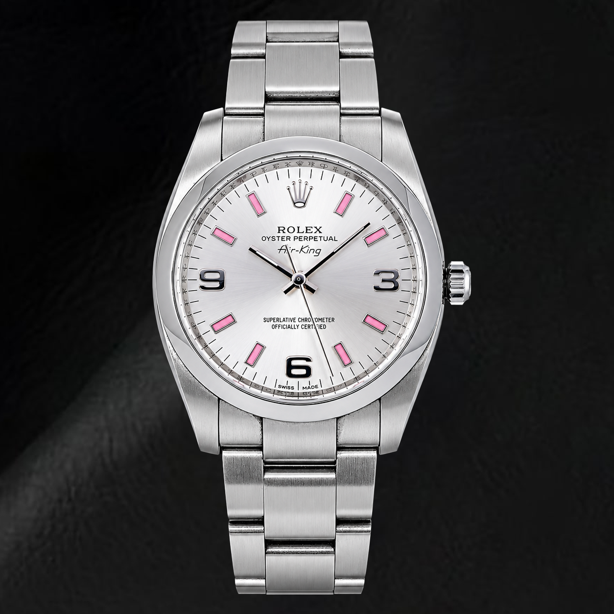 Rolex Air-King 114200 34 mm Edelstahl-Armbanduhr mit silberfarbenem Zifferblatt mit arabischen Ziffern