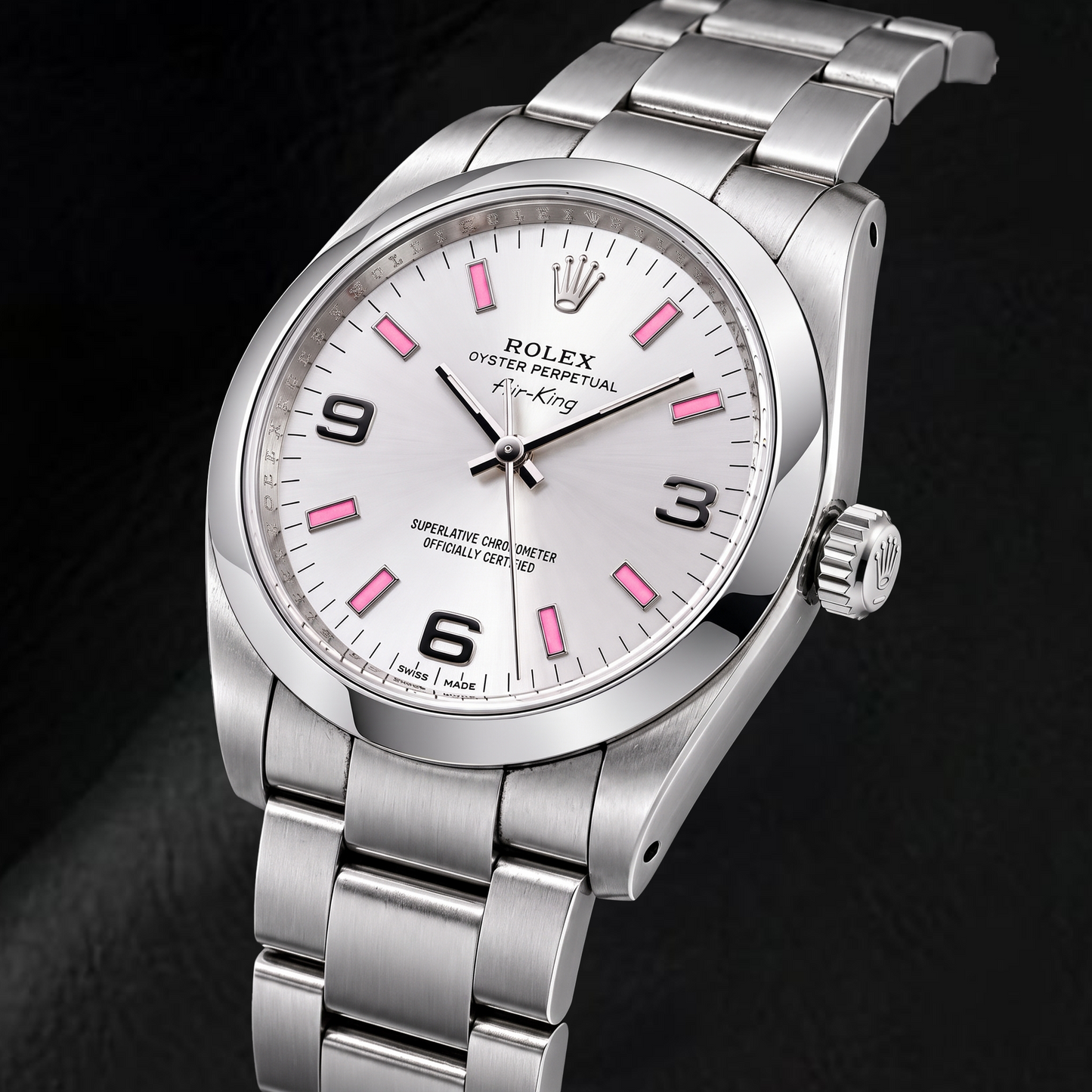 Rolex Air-King 114200 34 mm Edelstahl-Armbanduhr mit silberfarbenem Zifferblatt mit arabischen Ziffern