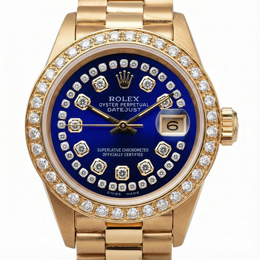 Rolex Blau Zeichenfolge Diamant Zifferblatt Damenuhr im Präsidentenstil Gelbgold