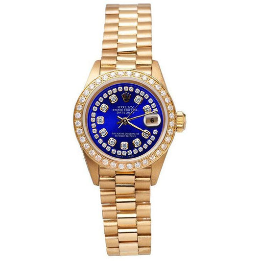 Rolex Blau Zeichenfolge Diamant Zifferblatt Damenuhr im Präsidentenstil Gelbgold
