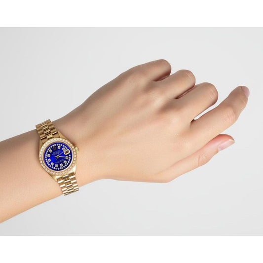 Rolex Blau Zeichenfolge Diamant Zifferblatt Damenuhr im Präsidentenstil Gelbgold P1